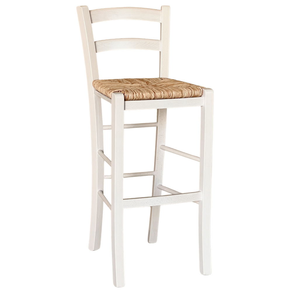 Sgabello alto in legno bianco 73 cm stile rustico per casa e bar.