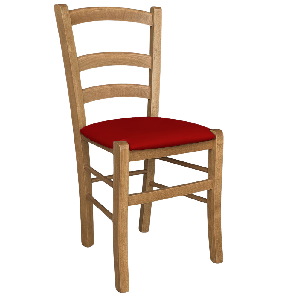 Sedia in legno venezia noce chiaro con seduta imbottita similpelle rosso .