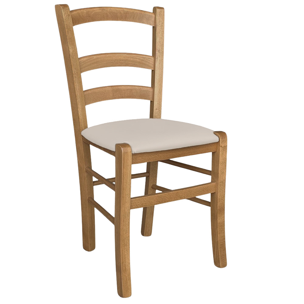 Sedia in legno venezia noce chiaro con seduta imbottita similpelle beige.