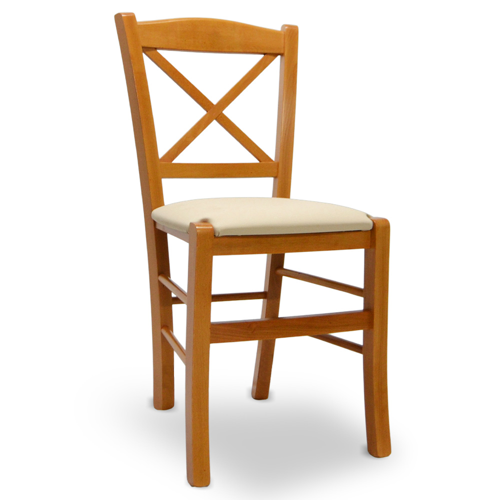 Sedia venezia in legno ciliegio con schienale a croce seduta in similpelle beige.