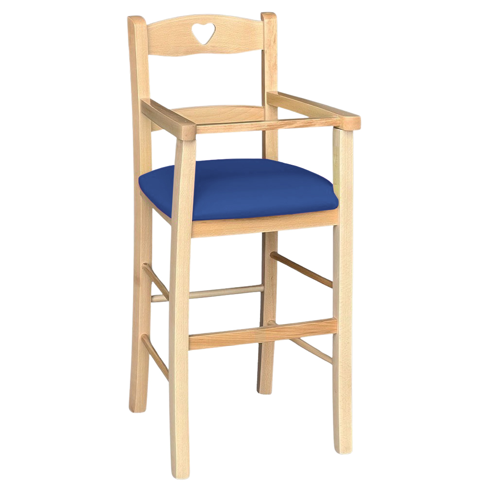 Seggiolone in legno color naturale con seduta imbottita in similpelle blu.
