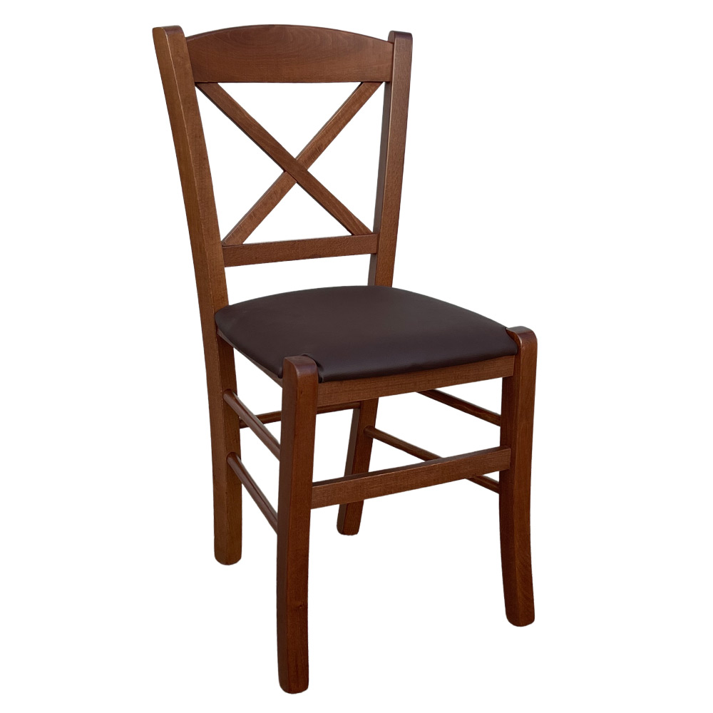 Sedia in legno venezia croce noce scuro con seduta in similpelle marrone.