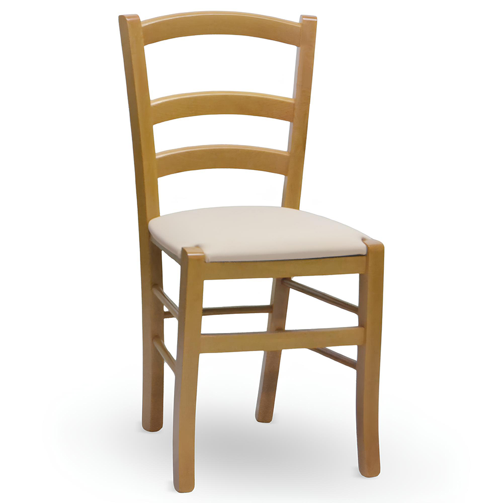 Sedia venezia in legno noce chiaro con seduta imbottita in similpelle beige.