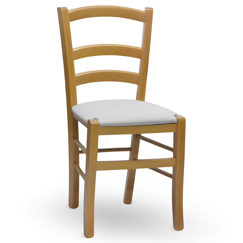 Sedia venezia in legno noce chiaro con seduta imbottita similpelle grigio chiaro.