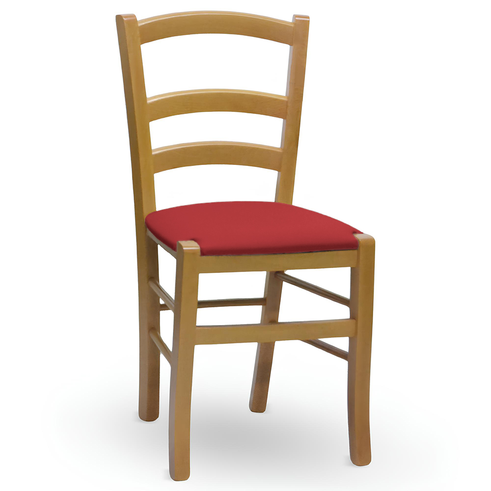Sedia in legno venezia noce chiaro con seduta imbottita similpelle rosso .