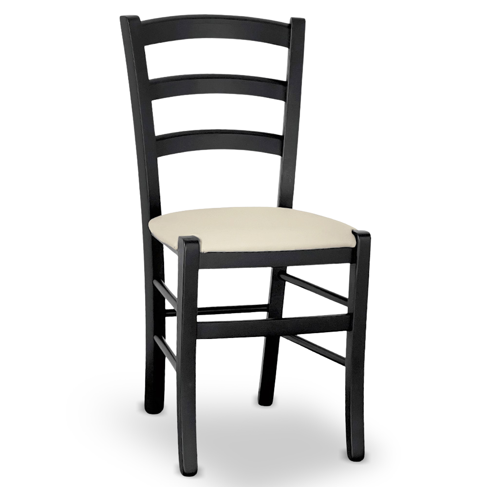 Sedia venezia in legno di faggio nero con seduta in similpelle beige.