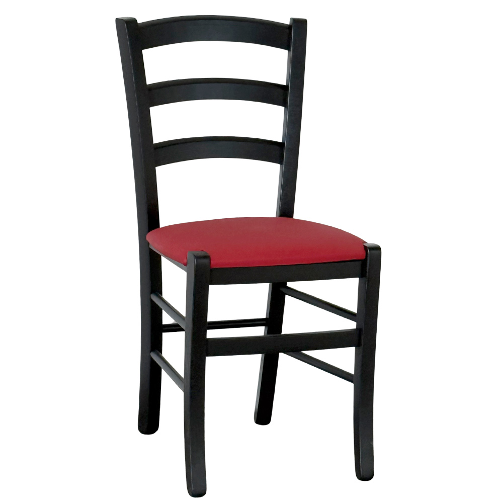 Sedia da sala da pranzo venezia in legno nero con sedile imbottito rosso.