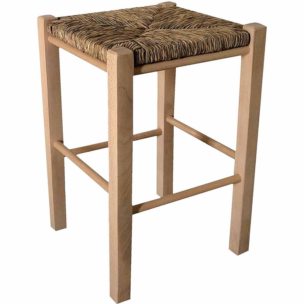Sgabello legno grezzo quadrato con seduta in paglia h 47 cm con gambe dritti.
