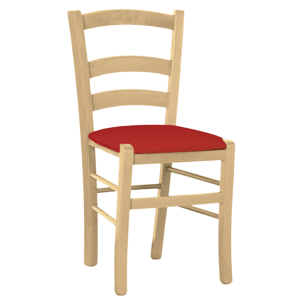 Sedia legno venezia naturale con seduta similpelle rosso.