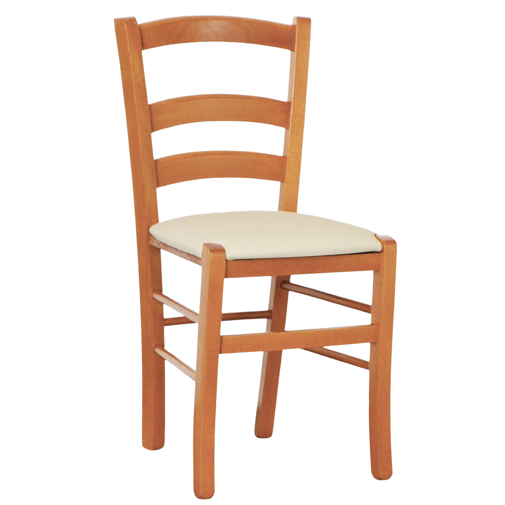 Sedia legno venezia color ciliegio con seduta similpelle imbottita beige.