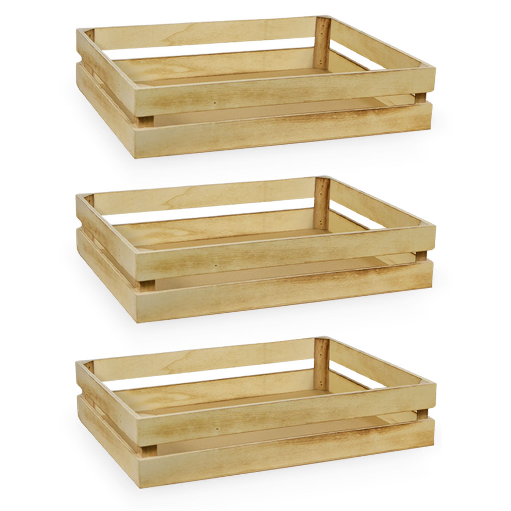 Cassette contenitori in legno fiammato naturali da 3 pezzi 37 x 28 x h 8 cm.
