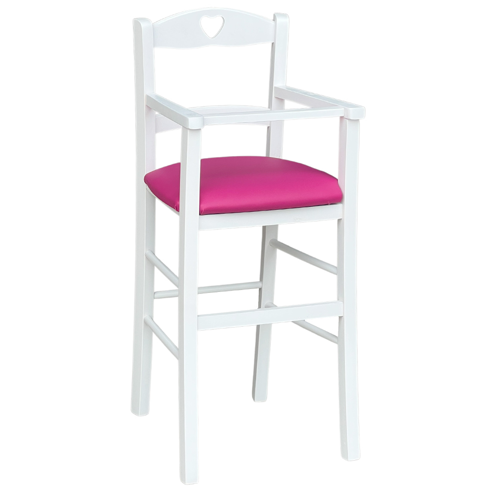 Seggiolone in legno bianco con seduta ecopelle lilla.