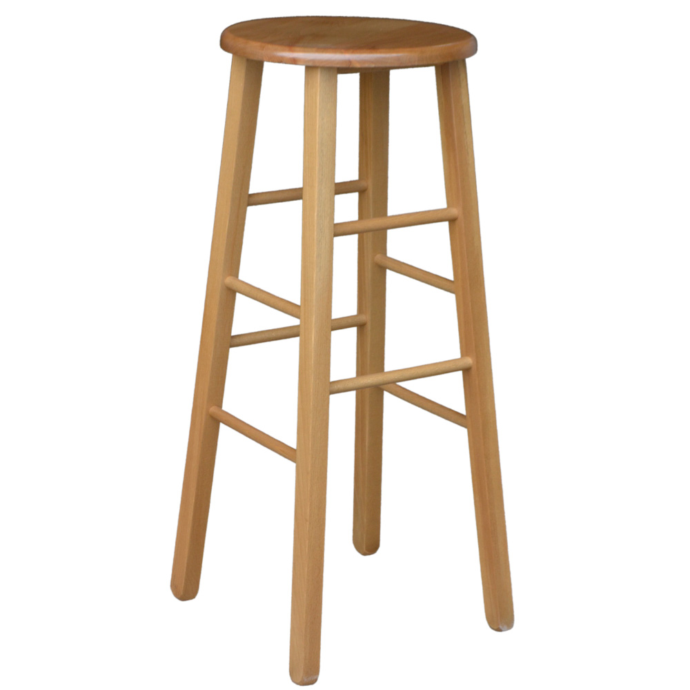 Sgabello legno con seduta rotonda h 80 cm noce chiaro gamba dritte.