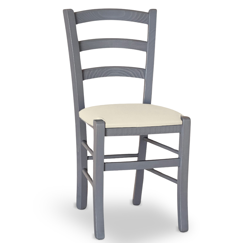 Sedia venezia in legno di faggio grigio con seduta in similpelle color beige.