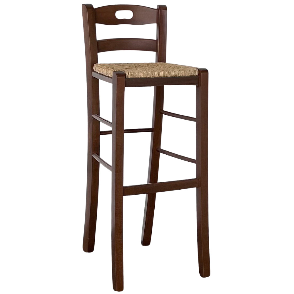 Sgabello da bar in legno noce scuro h 80 cm con manico e seduta in paglia.
