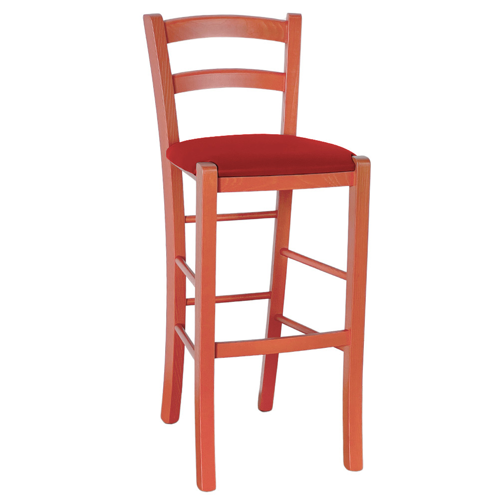 Sgabello alto in legno arancione h 73 cm rustico con seduta similpelle rosso.