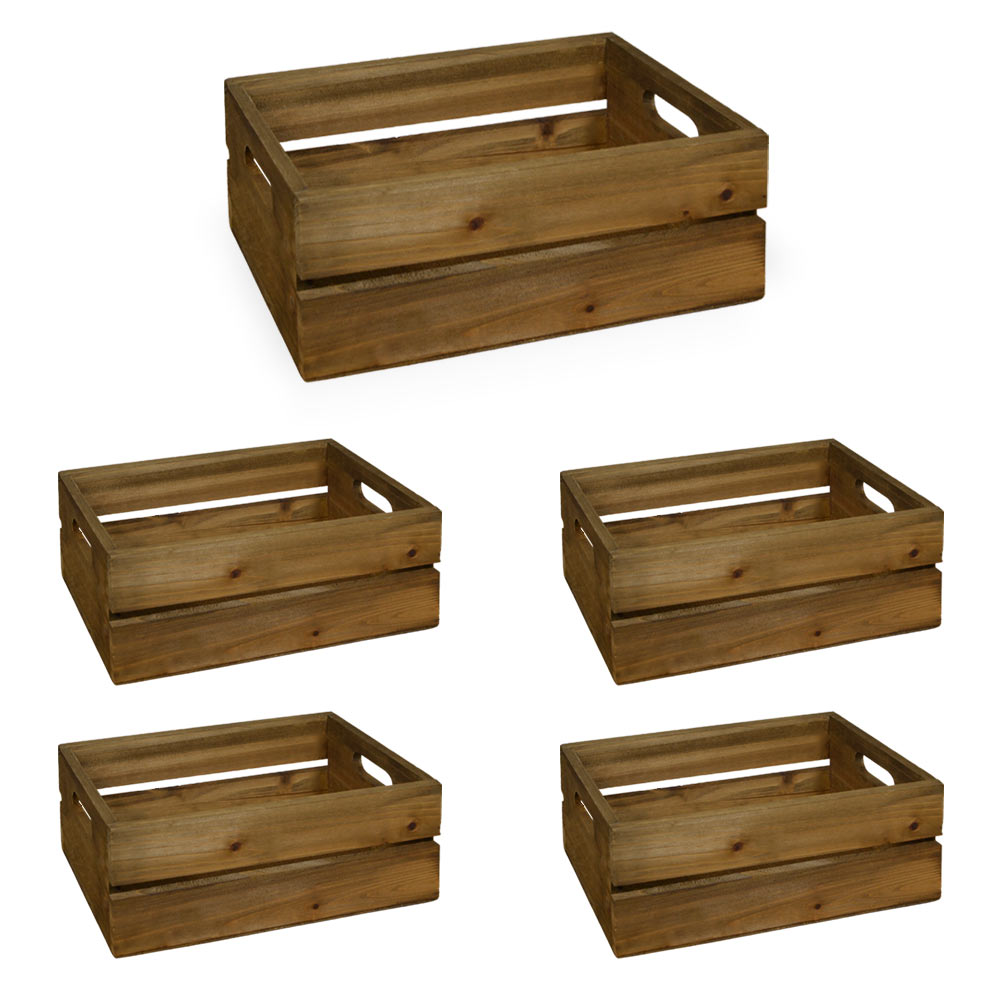 5 cassettine contenitori portaoggetti in legno marrone con manici cm 30x19 x h11.