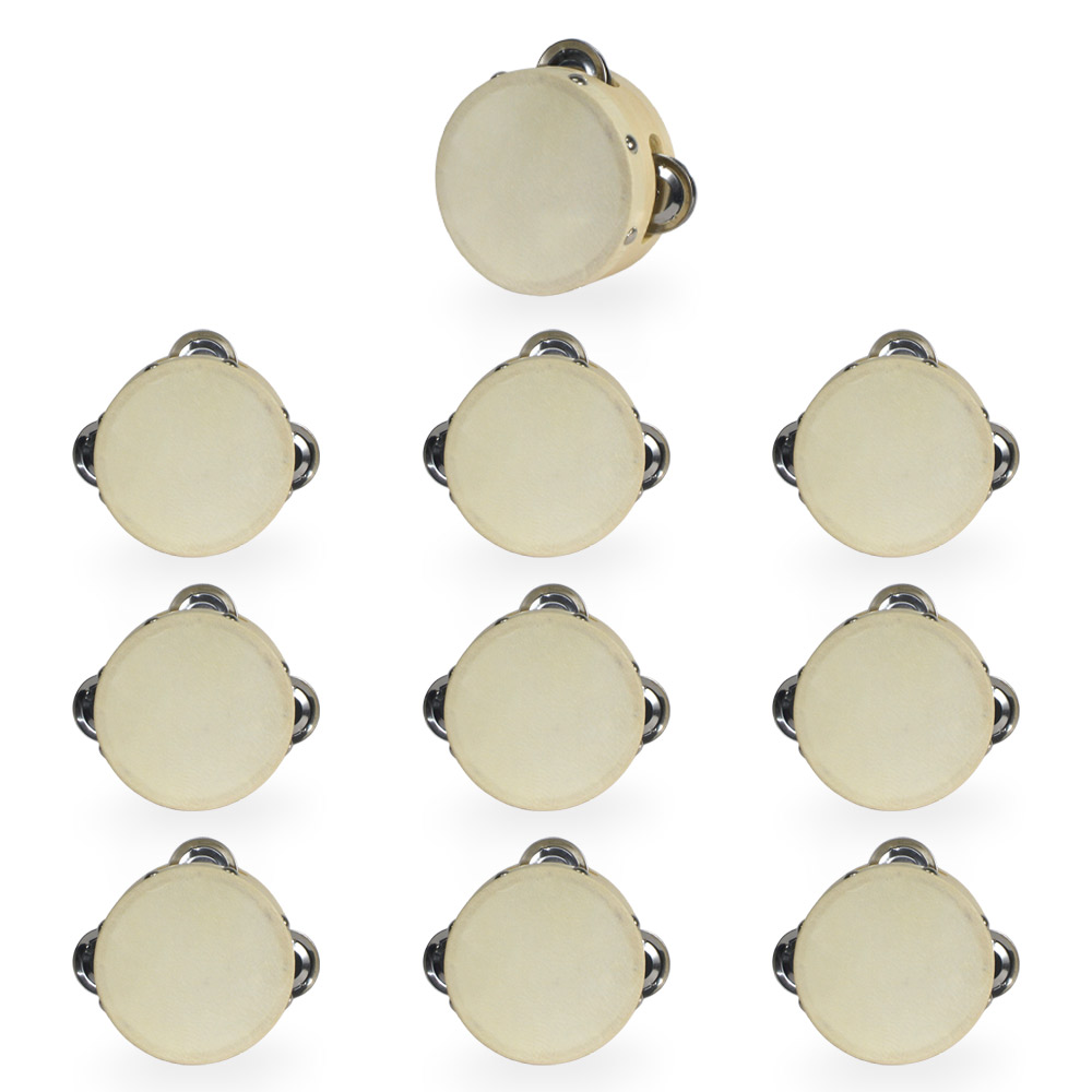 10 tamburelli in legno decorativi da 10 cm di diametro con sonagli .