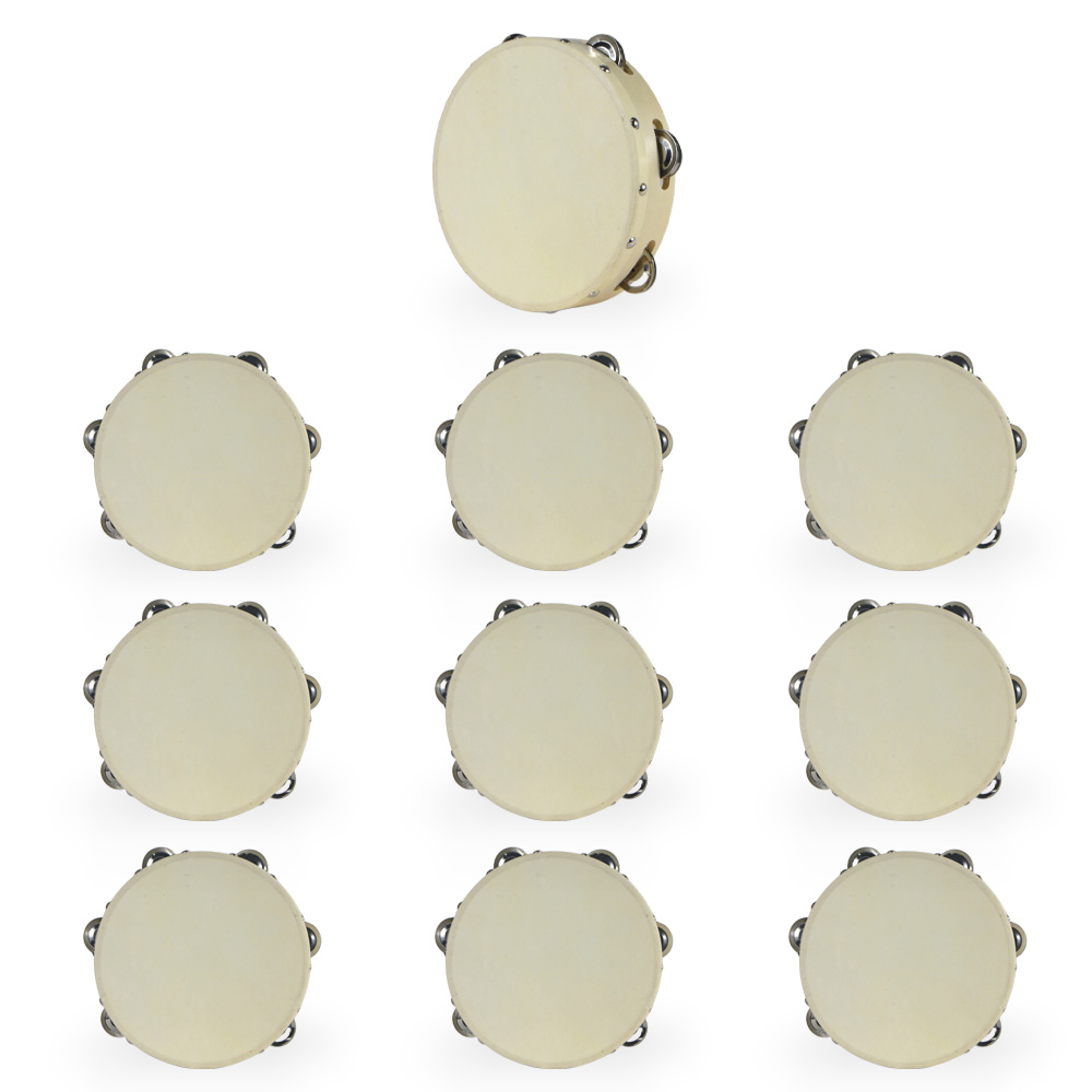 10 tamburelli in legno decorativi da 20 cm di diametro con sonagli .