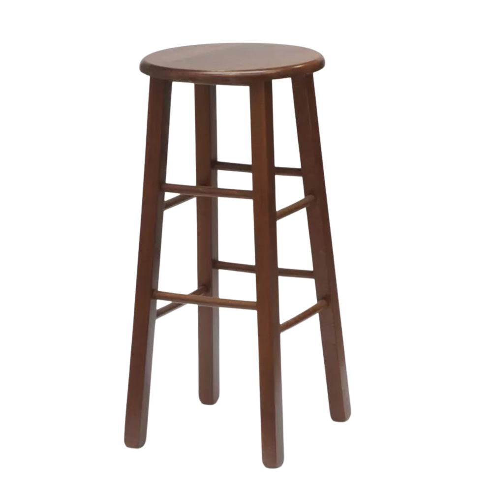 Sgabello da bar h 68 cm in legno noce scuro con seduta rotonda e gambe dritte.