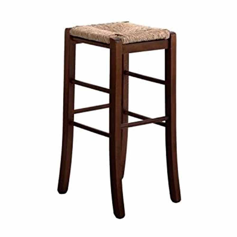 Sgabello h 67 cm in legno noce scuro seduta quadrata in paglia gambe a sciabola.