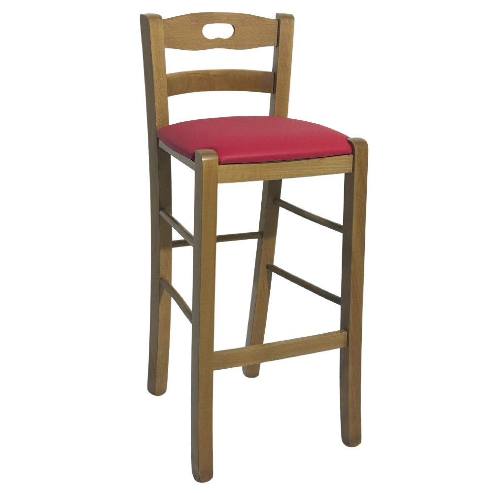 Sgabello legno noce chiaro con foro nello schienale h66 seduta ecopelle rosso.