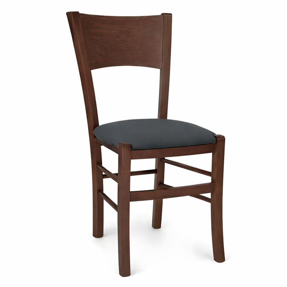 Sedia lucy in legno noce scuro con seduta imbottita in similpelle antracite.