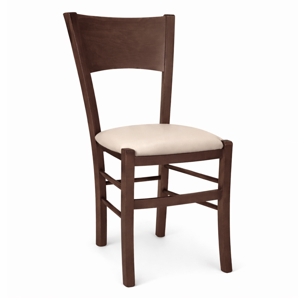 Sedia sala da pranzo lucy in legno noce scuro con seduta imbottita beige.
