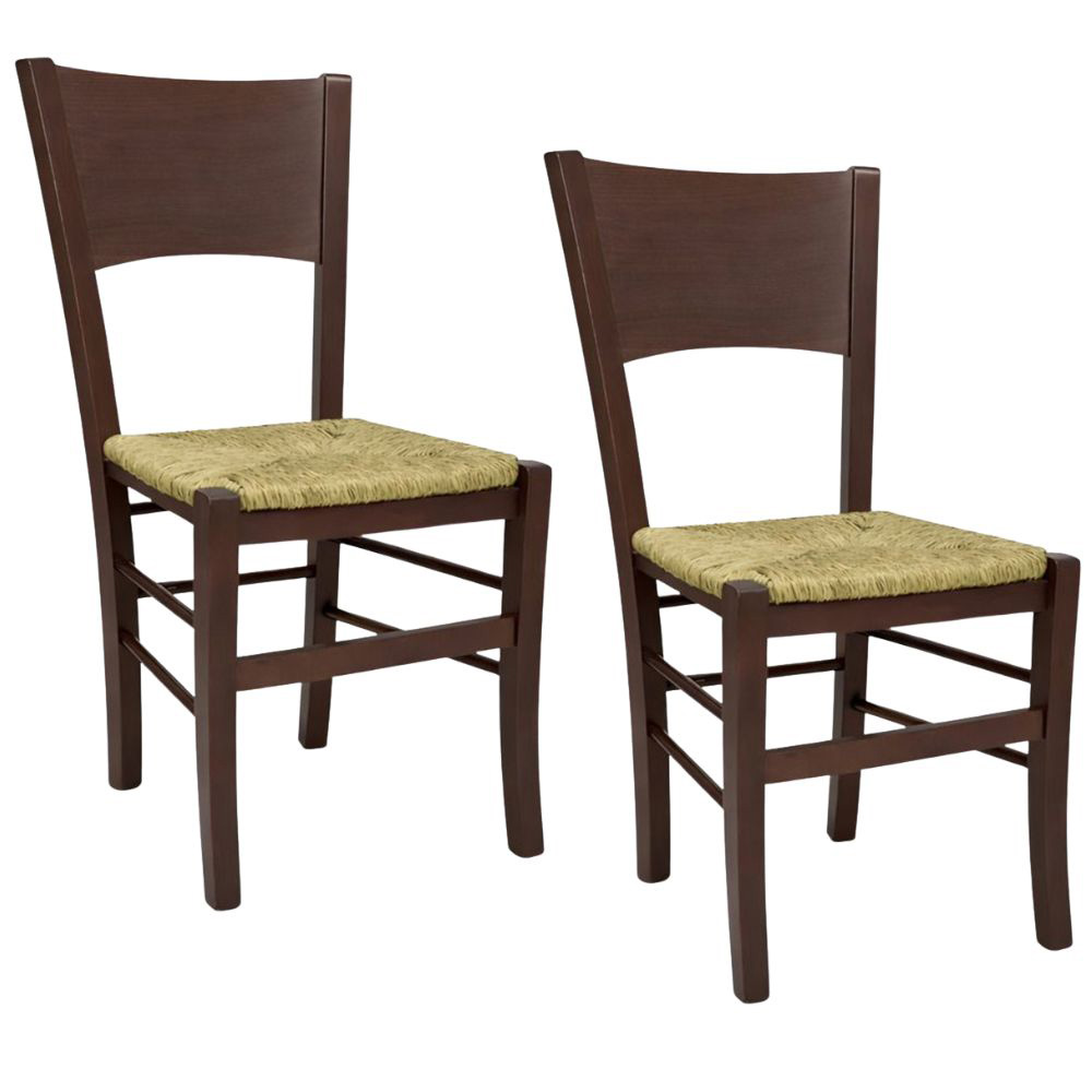 Sedie sala da pranzo lucy set da 2 in legno noce scuro con seduta in paglia.