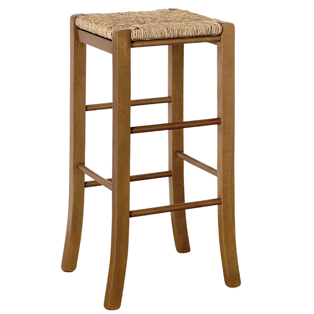 Sgabello legno con seduta quadrata paglia h 67cm in noce chiaro gambe a sciabola.