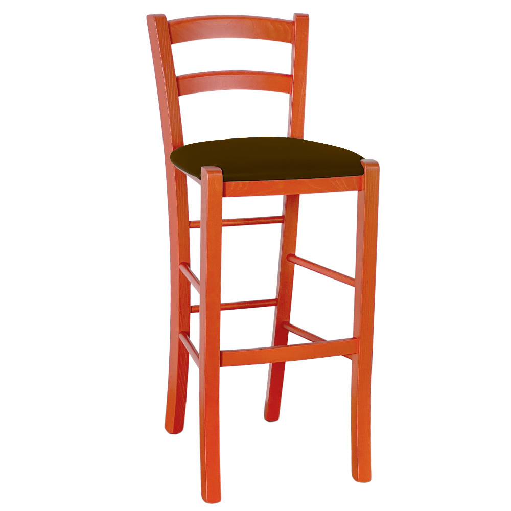 Sgabello alto in legno arancione h 73 cm rustico con seduta similpelle marrone.