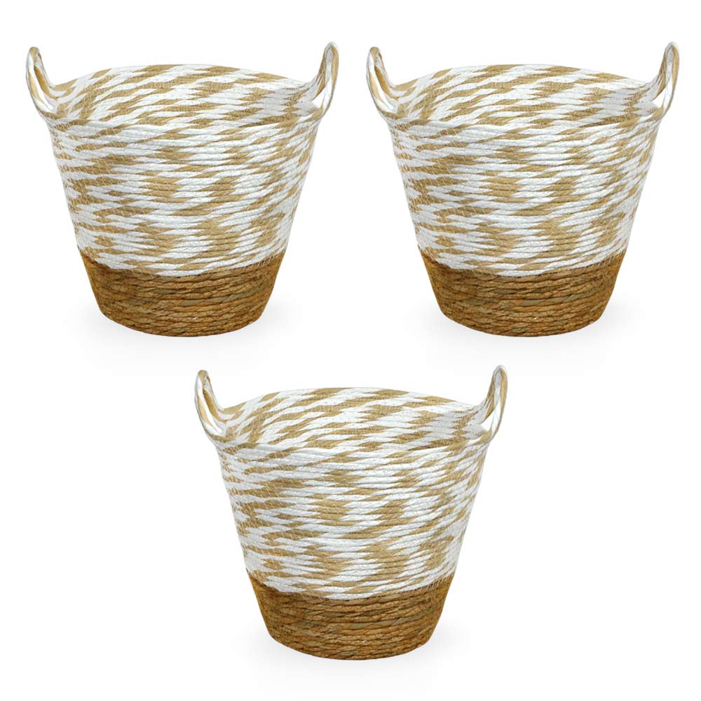 Cesti portaoggetti vimini e corda bianco beige maniglie cm 34 x34 x h30 set da 3.