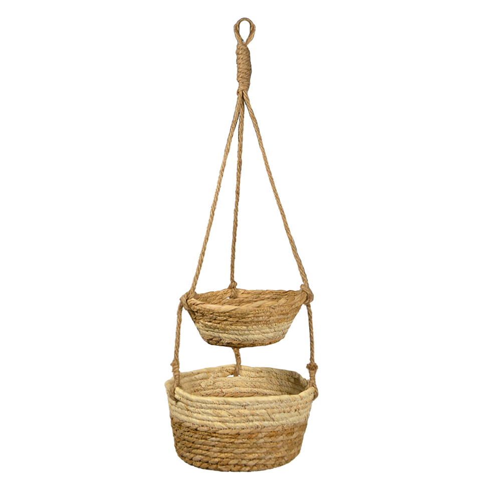 Caspo pensili doppi in corda di cotone beige porta piante sospeso h70 cm.