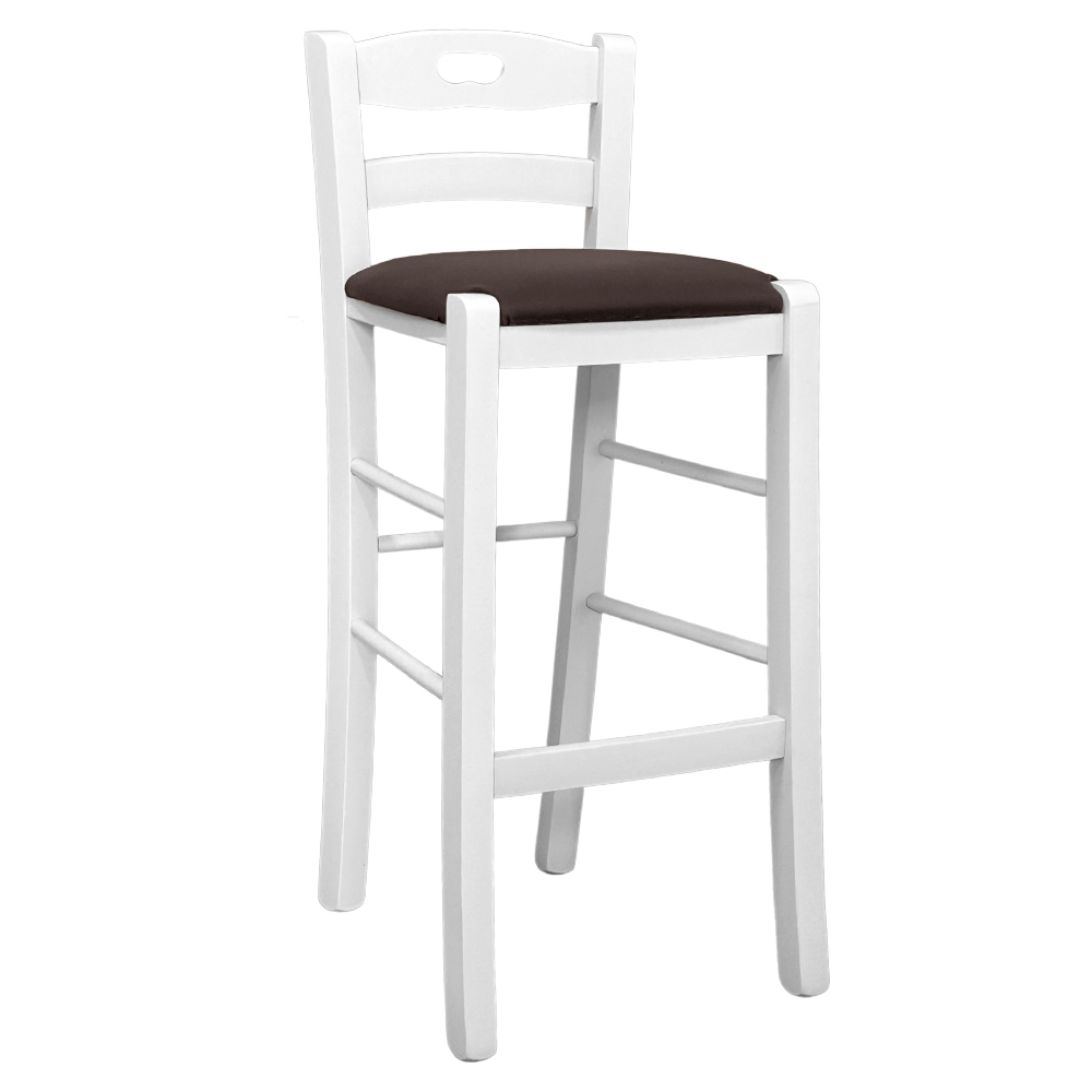 Sgabello legno bianco con foro nello schienale h66 seduta ecopelle marrone.