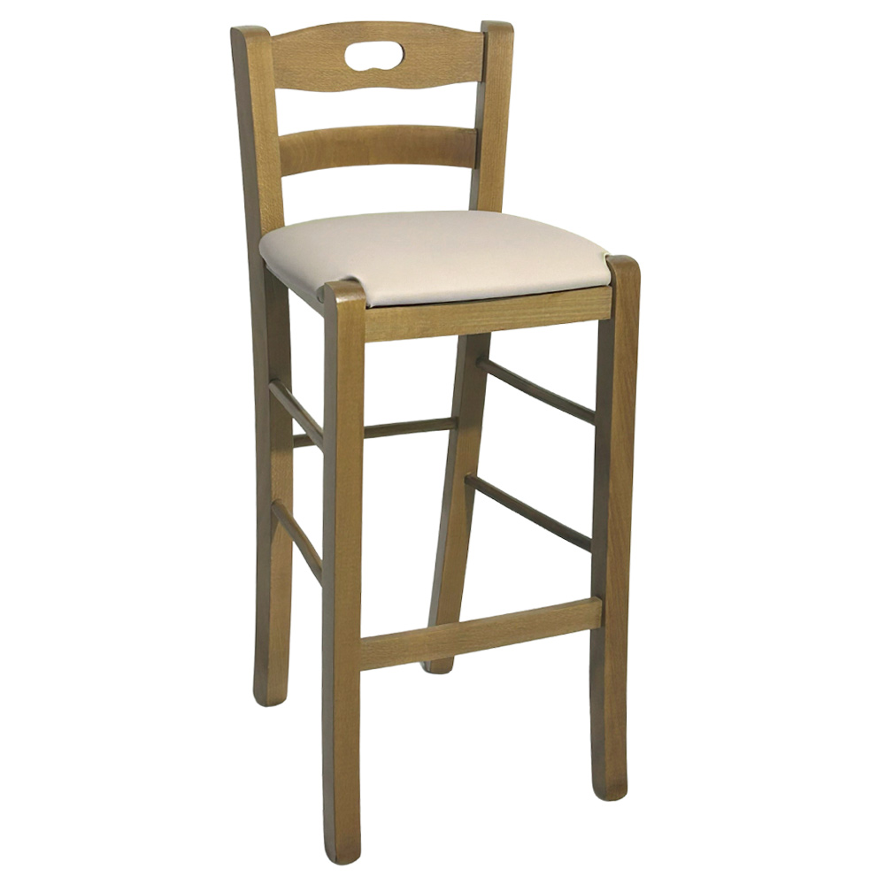 Sgabello legno noce chiaro con foro nello schienale h66 seduta ecopelle beige.