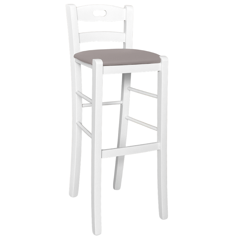 Sgabello bar legno bianco con schienale h 80 cm seduta similpelle tortora.