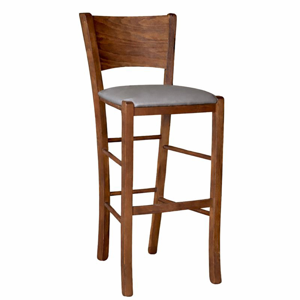 Sgabello bar lucy in legno noce scuro h 73 con seduta grigio tortora.