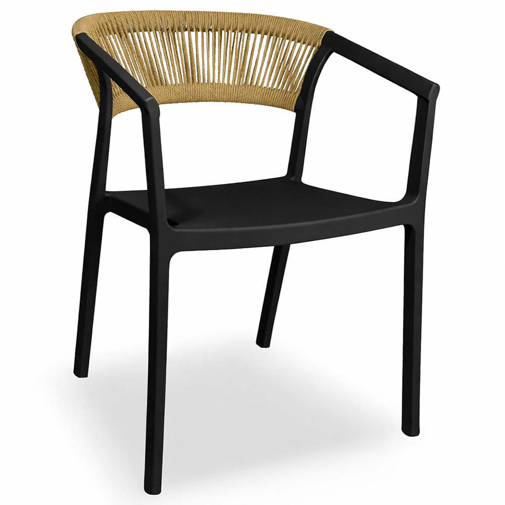 Sedie da bar sety in plastica nera con schienale curvo a corda beige .