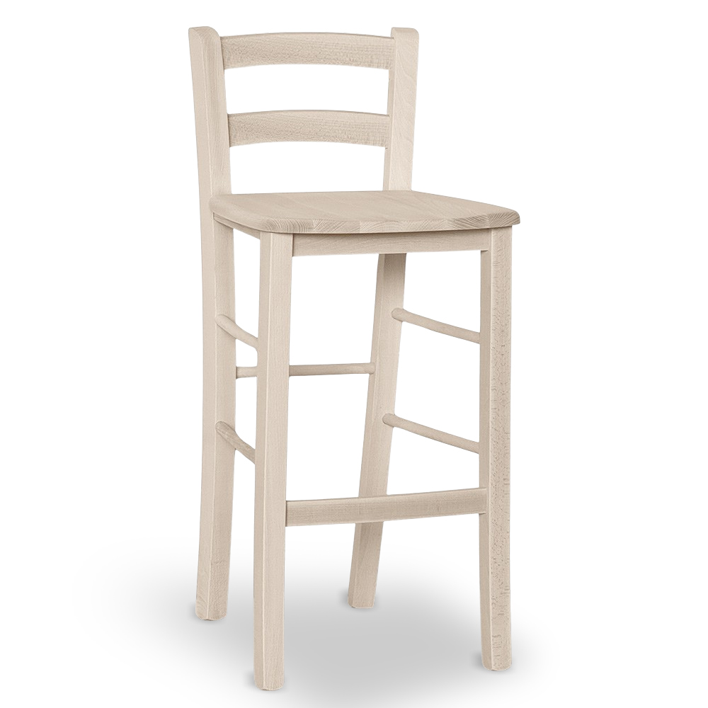 Sgabello legno grezzo con schienale e seduta legno massello h 67cm .