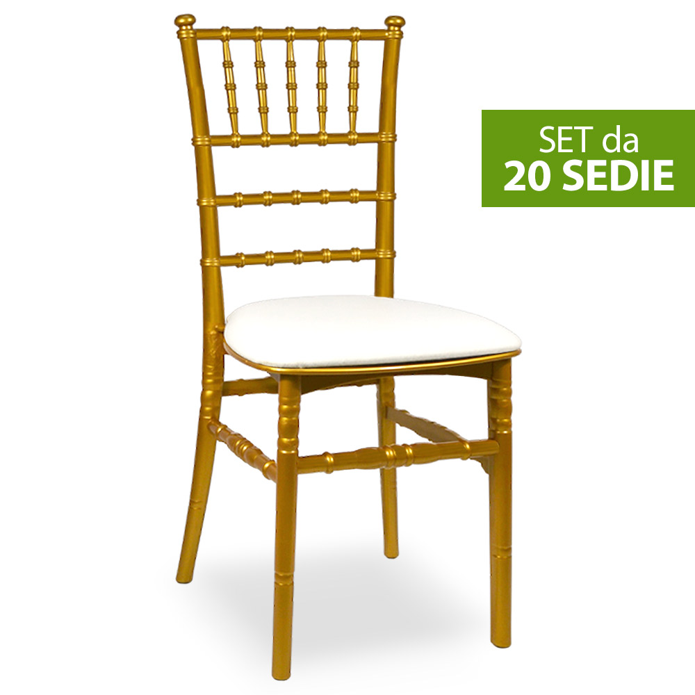 Set da 20 sedie chiavarine plastica gialle ottone con cuscino similpelle bianco.