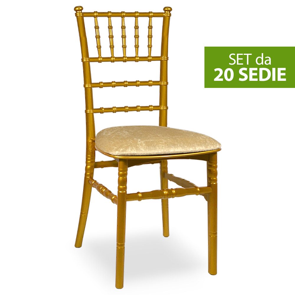 Set da 20 sedie chiavarine in plastica gialle ottone con cuscino coordinato.