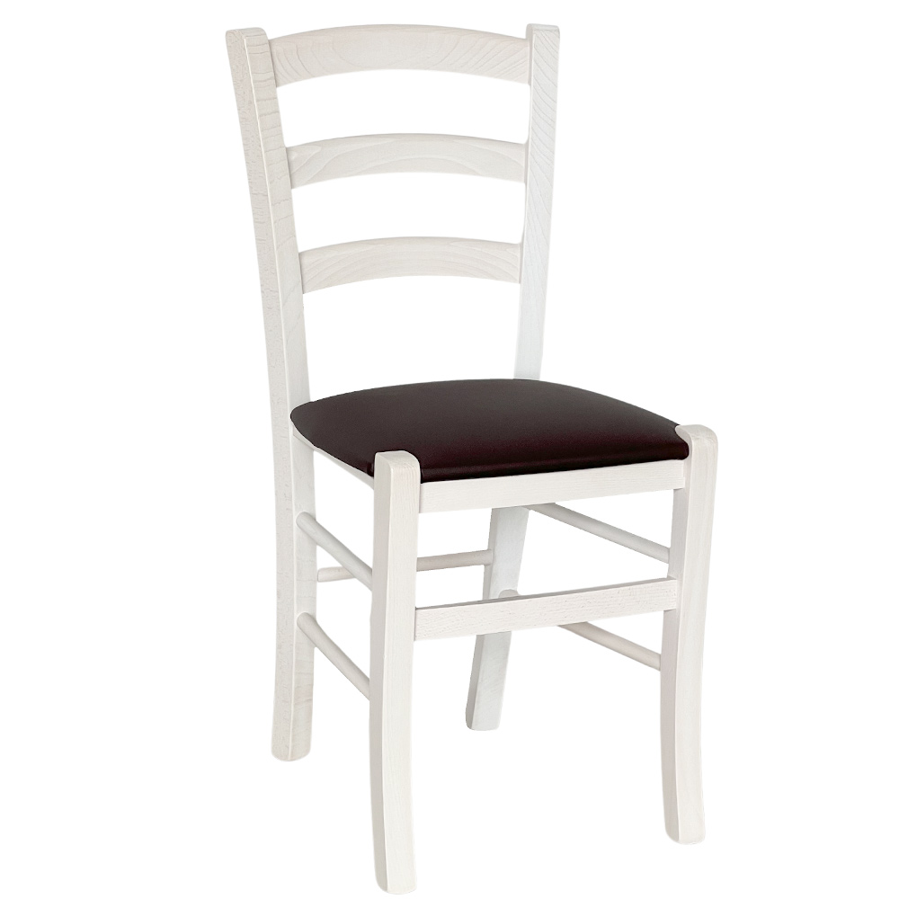 Sedia legno venezia bianco con seduta in similpelle marrone.