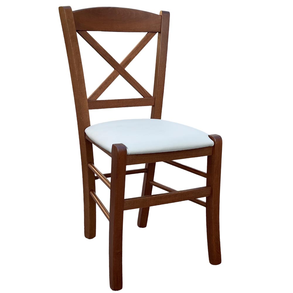 Sedia in legno croce noce scuro con seduta in similpelle grigio ghiaccio.