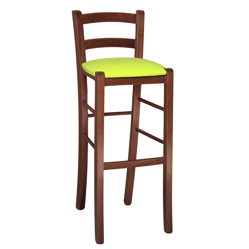 Sgabello legno noce scuro con schienale h 80 cm seduta similpelle verde.