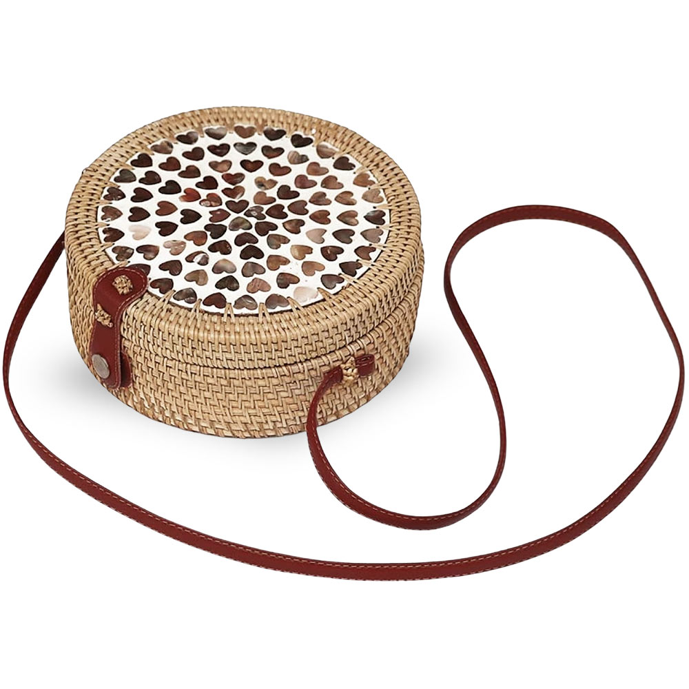 Borsetta rotonda in vimini intrecciato tracolla simipelle cm 20 x 8.5 12 pezzi.