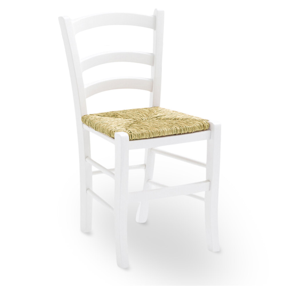 Sedia in legno venezia bianca laccata con seduta in paglia palustre intrecciata.