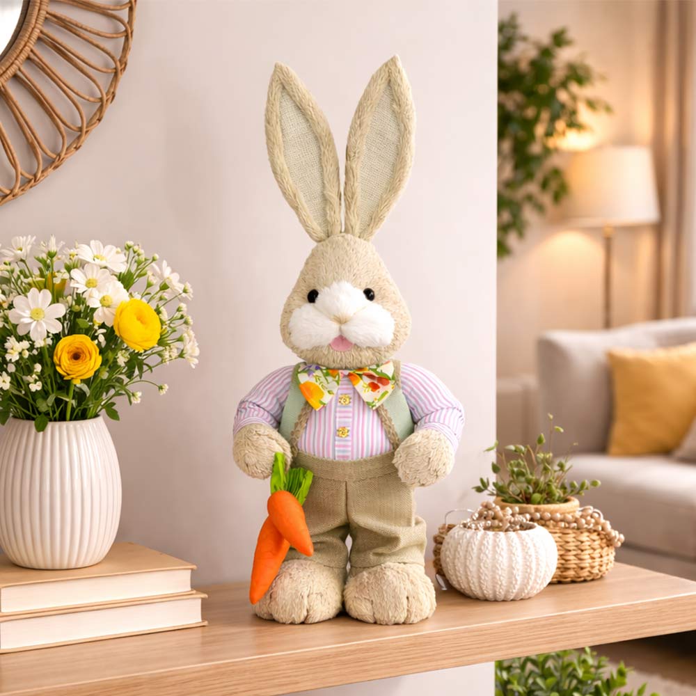 Coniglio di campagna decorativo pasquale con camicia e carota h 65 cm.