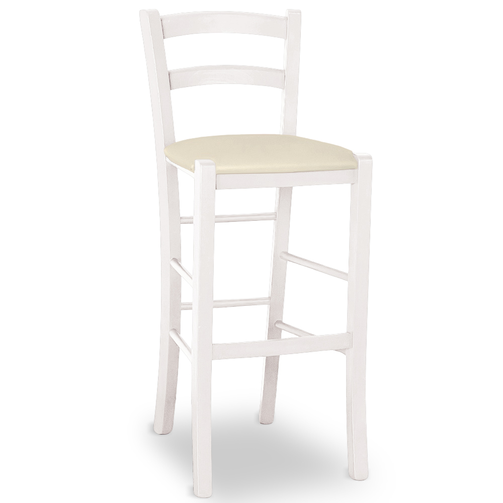 Sgabello venezia in legno verniciato bianco anilina h 73 seduta similpelle beige.