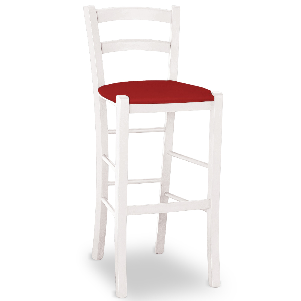Sgabello venezia in legno verniciato bianco anilina h 73 seduta similpelle rosso.