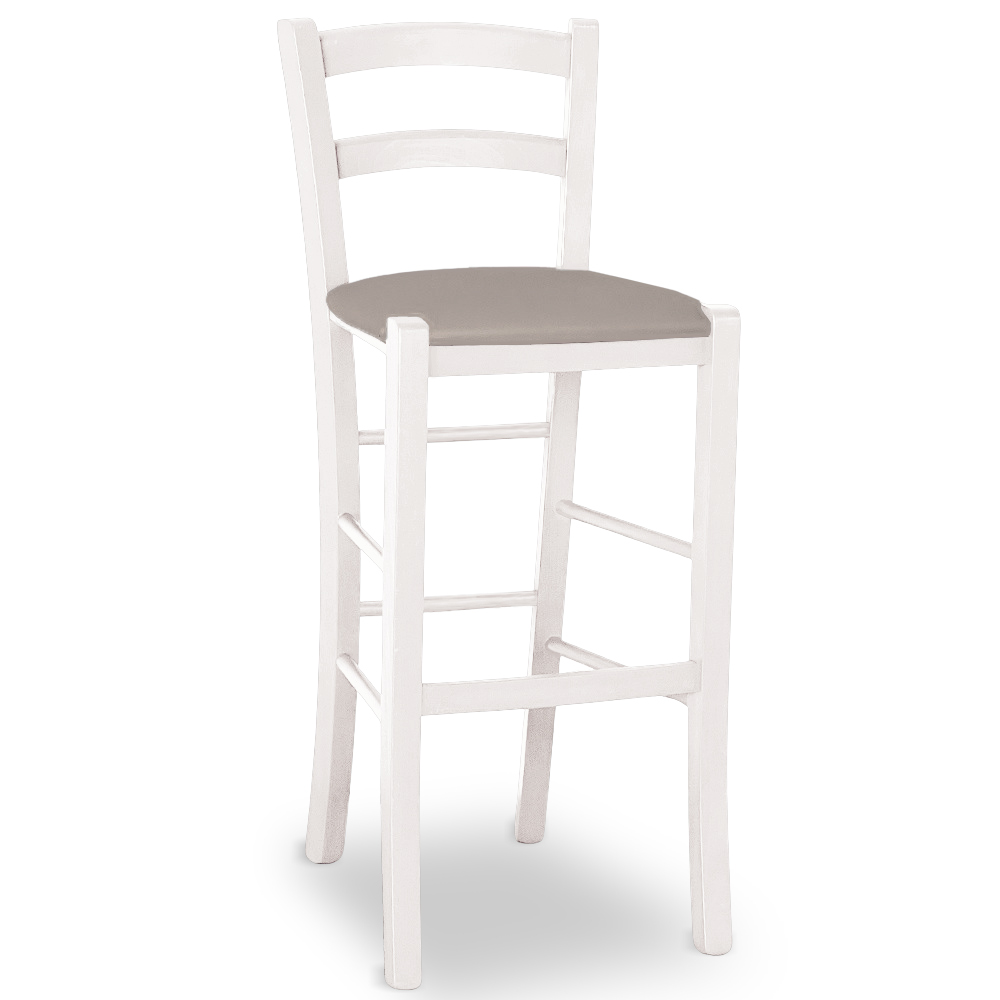 Sgabello venezia legno verniciato bianco anilina h73 seduta similpelle tortora.